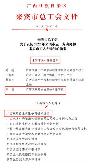 双喜临门|双蚁药业王波董事长和机修班组获来宾市总工会通报表扬