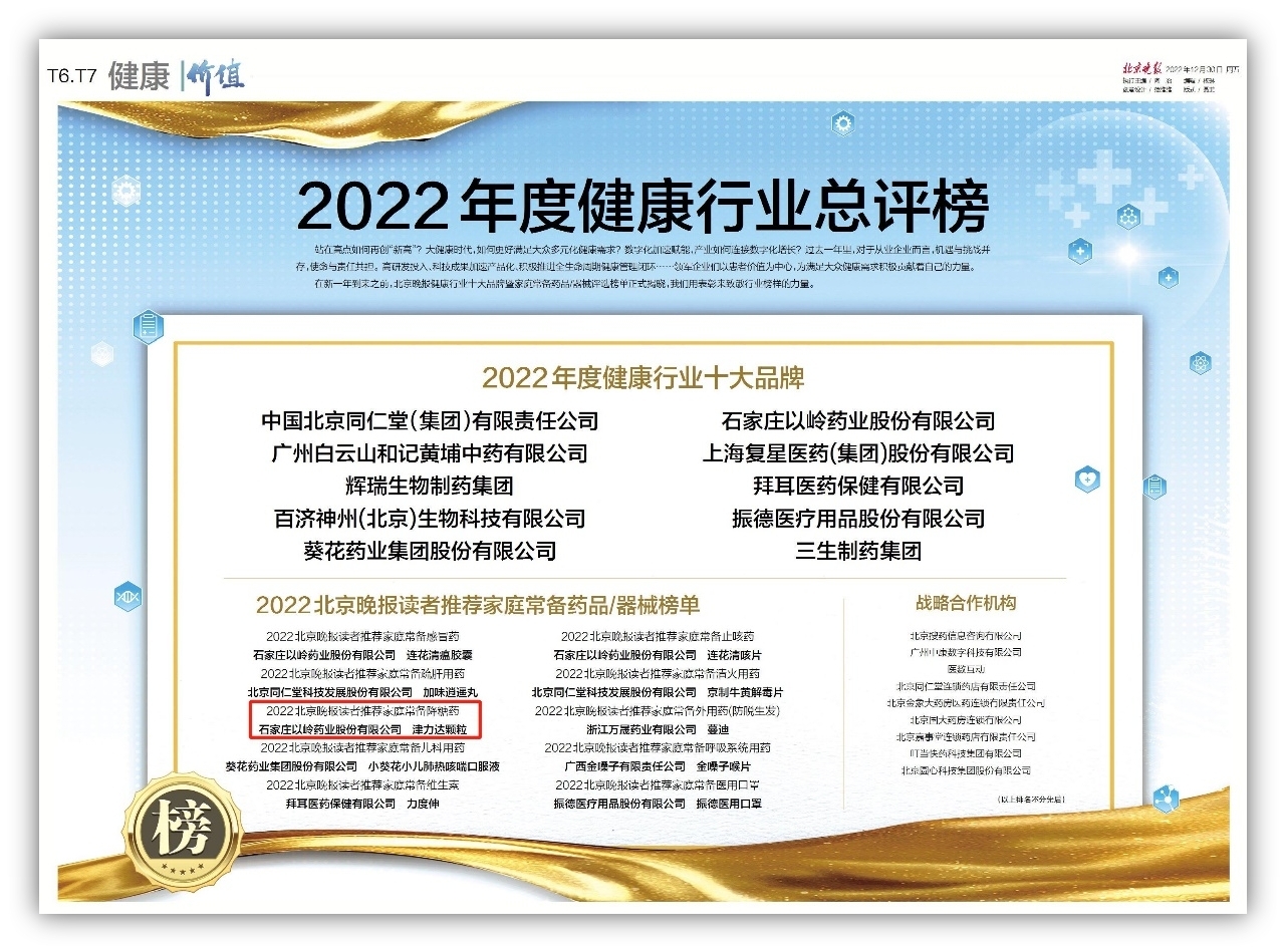 津力达颗粒再次上榜“北京晚报读者推荐家庭常备降糖药”榜单